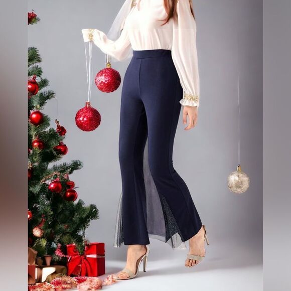 SHEIN NEW MODELY CONTRAST MESH FLARE LEG PANT SPARKLING NAVY BLUE LARGE - Picture 1 of 5